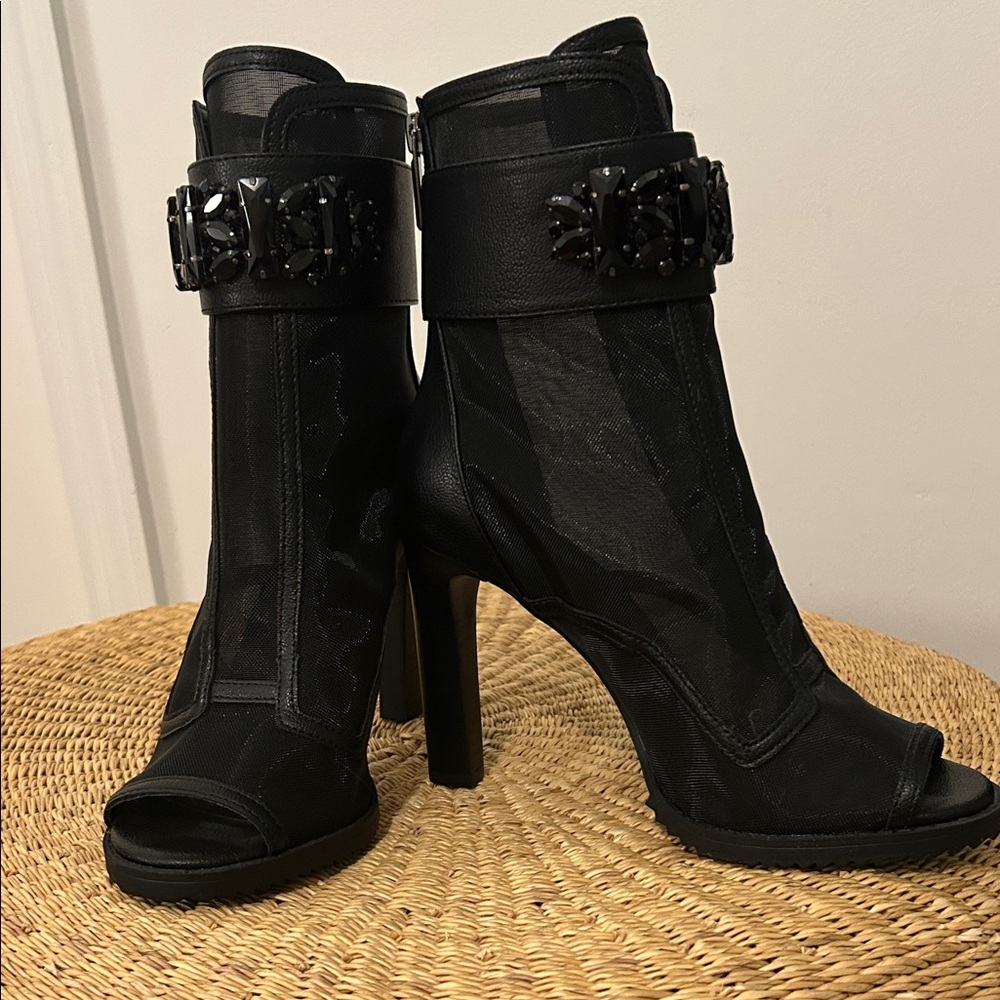 NWOT Karl Lagerfeld Black Mesh Peep-Toe Heeled Boots sz 7.5